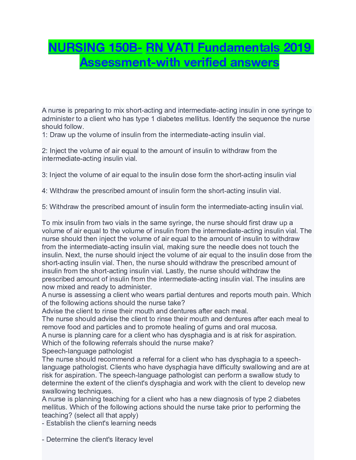 Preview of NURSING 150B- RN VATI Fundamentals 2019 Assessment-with verified answers